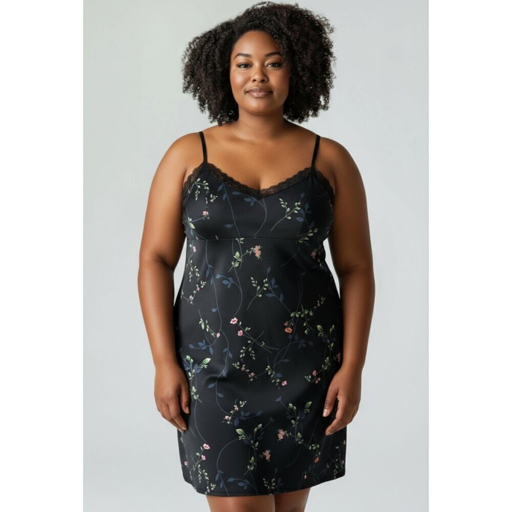 Vintage Y2K BCBG Max Azria Black Floral Crepe Slip Dress Size 2X